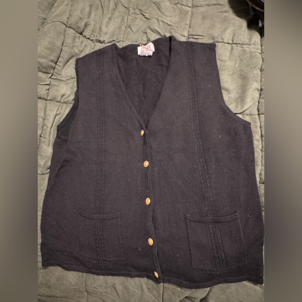 TABI Black Button-Up Vest wool GOLD BUTTONS